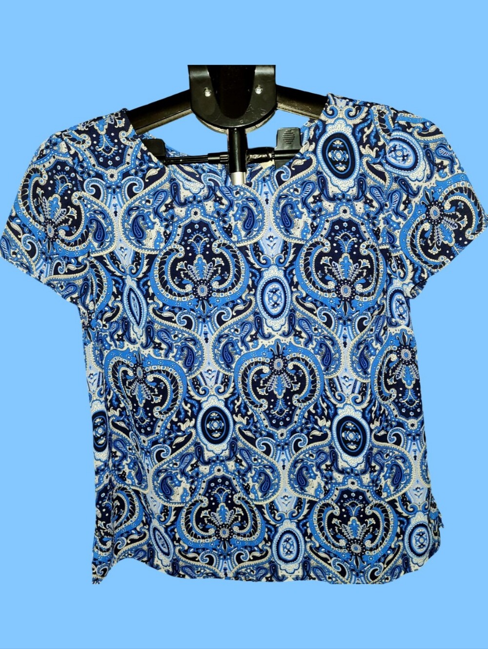 Talbots Blue & Black Paisley Medallion Short Sleeve Blouse - Size P (Petite)